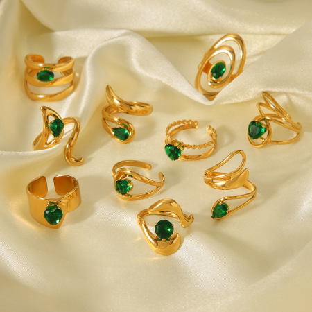 Bague pour femme en acier inoxydable doré, imperméable, de forme irrégulière et ornée d'un zircon, ornée d'une pierre précieuse. 2