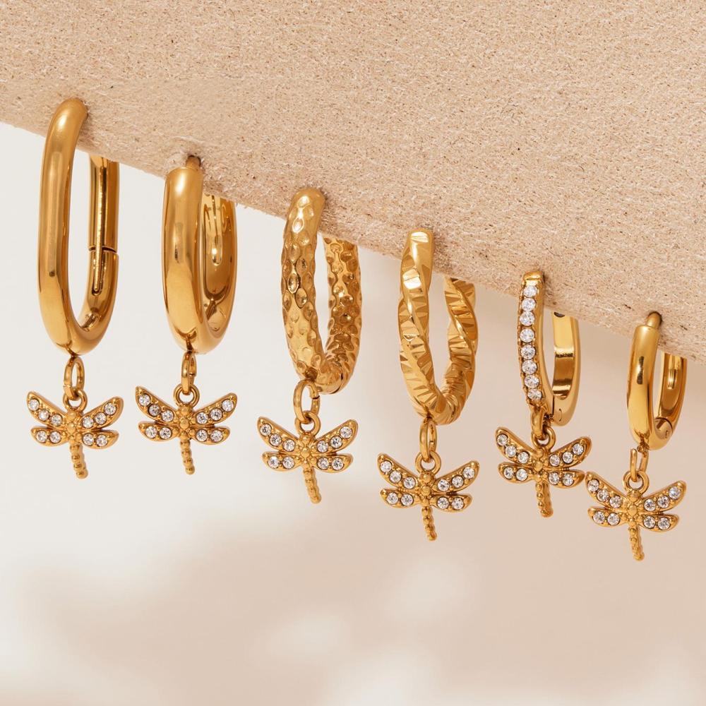 1 Paire De Boucles D'Oreilles Pendantes Pour Femme, En Acier Inoxydable Doré, Ornées De Zircon Et Représentant Une Libellule. Elles Sont Imperméables. Image6