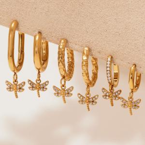 1 Paire De Boucles D'Oreilles Pendantes Pour Femme, En Acier Inoxydable Doré, Ornées De Zircon Et Représentant Une Libellule. Elles Sont Imperméables. h5 Image6
