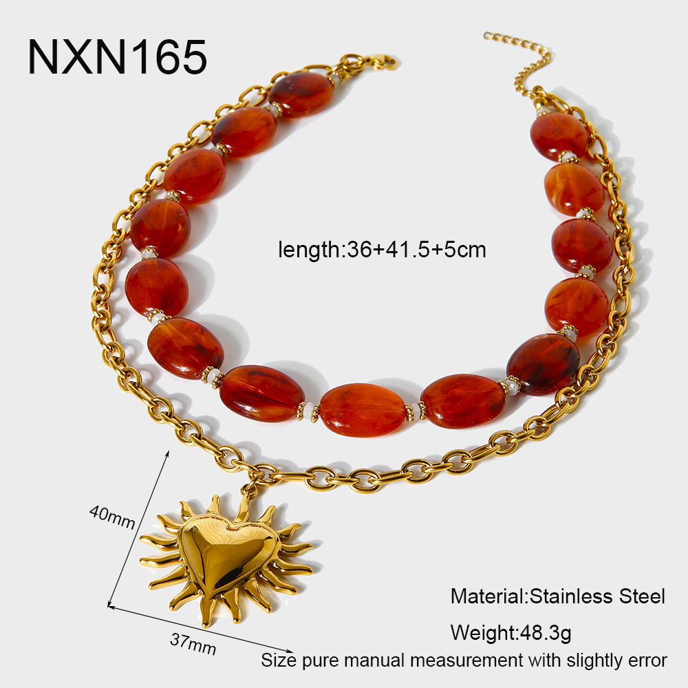 Ensemble De Colliers Rétro En Perles Acryliques Et Breloques En Forme De Cœur Couleur Or
