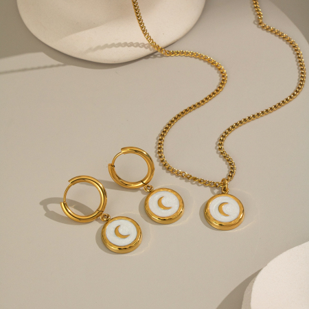 Ensemble collier et pendentif lune élégante en acier inoxydable étanche couleur or de la série classique 2
