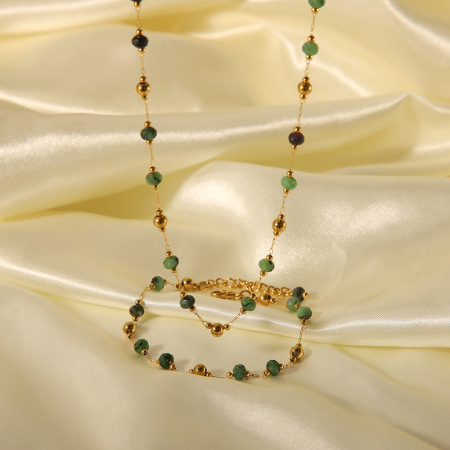 Ensemble de bijoux pour femmes comprenant 1 pièce de perles ethniques rondes en acier inoxydable étanche couleur or et pierre naturelle