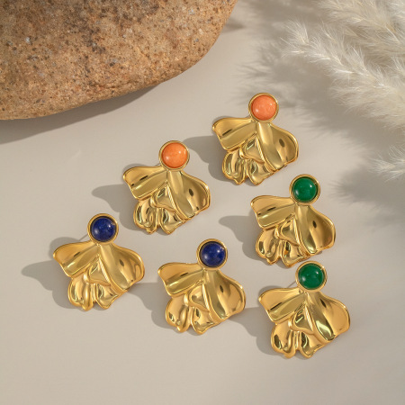 Boucles d'oreilles puces pour femme, en acier inoxydable doré, imperméables, de forme irrégulière et serties de pierres naturelles (1 paire). 2