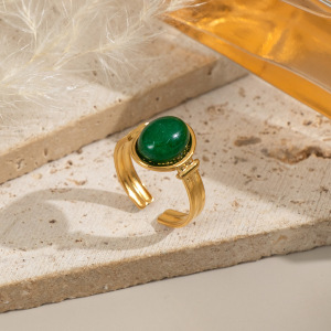 Bague Rétro Ronde En Acier Inoxydable Étanche Couleur Or Avec Pierre Naturelle Pour Femme (1 Pièce) h5 Image3