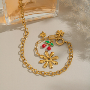 Ensemble Collier Et Collier Romantique En Acier Inoxydable Couleur Or, Orné D'Un Motif De Cerisier. h5 Image4