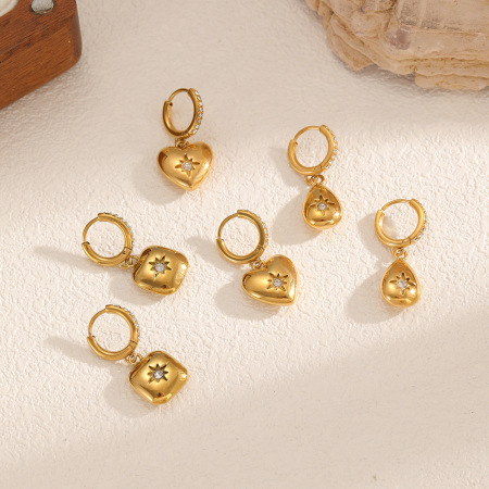 Boucles d'oreilles pendantes pour femme « Lune brillante » en acier inoxydable, étanches, couleur or, avec zircon (1 paire).