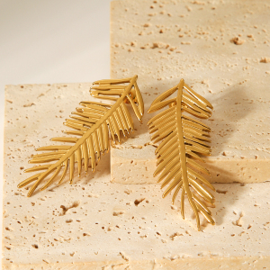 Boucles D'Oreilles Puces Daily Leaf Pour Femme, En Acier Inoxydable Étanche, Couleur Or (1 Paire). h5 Image7
