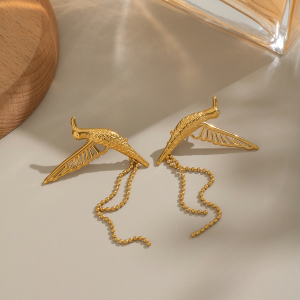 Boucles D'Oreilles À Clous En Acier Inoxydable Doré, Motif Oiseaux (1 Paire) h5 Image3