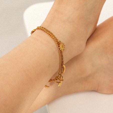 Bracelet de cheville simple en acier inoxydable couleur or, motif cœur et lune (1 pièce) 2