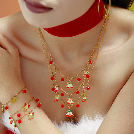 Ensembles de bijoux pour femmes en acier inoxydable étanche, ornés de grenats, de grelots et de zircon doré, avec clochettes de Noël