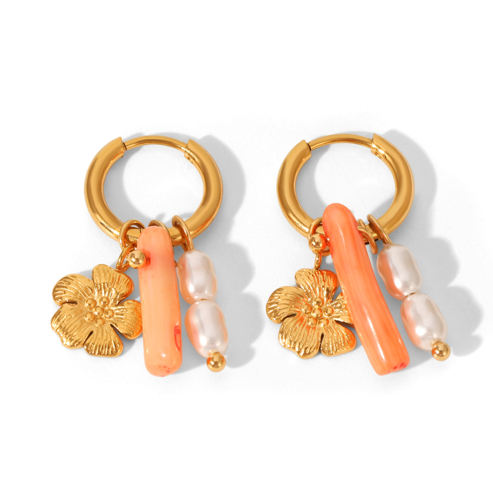 1 Paire De Boucles D'Oreilles À Perles Dorées En Acier Inoxydable Étanche, En Forme De Fleur 