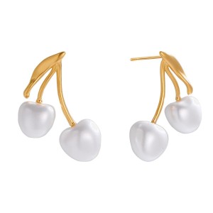 1 Paire De Boucles D'Oreilles Puces Glamour En Acier Inoxydable Doré, Imperméables, Couleur Cerise. h5 