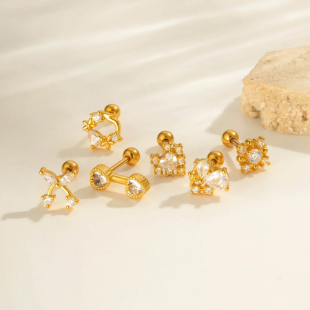 Boucle d'oreille piercing en forme de cœur, nœud papillon, cuivre, couleur or et zircon