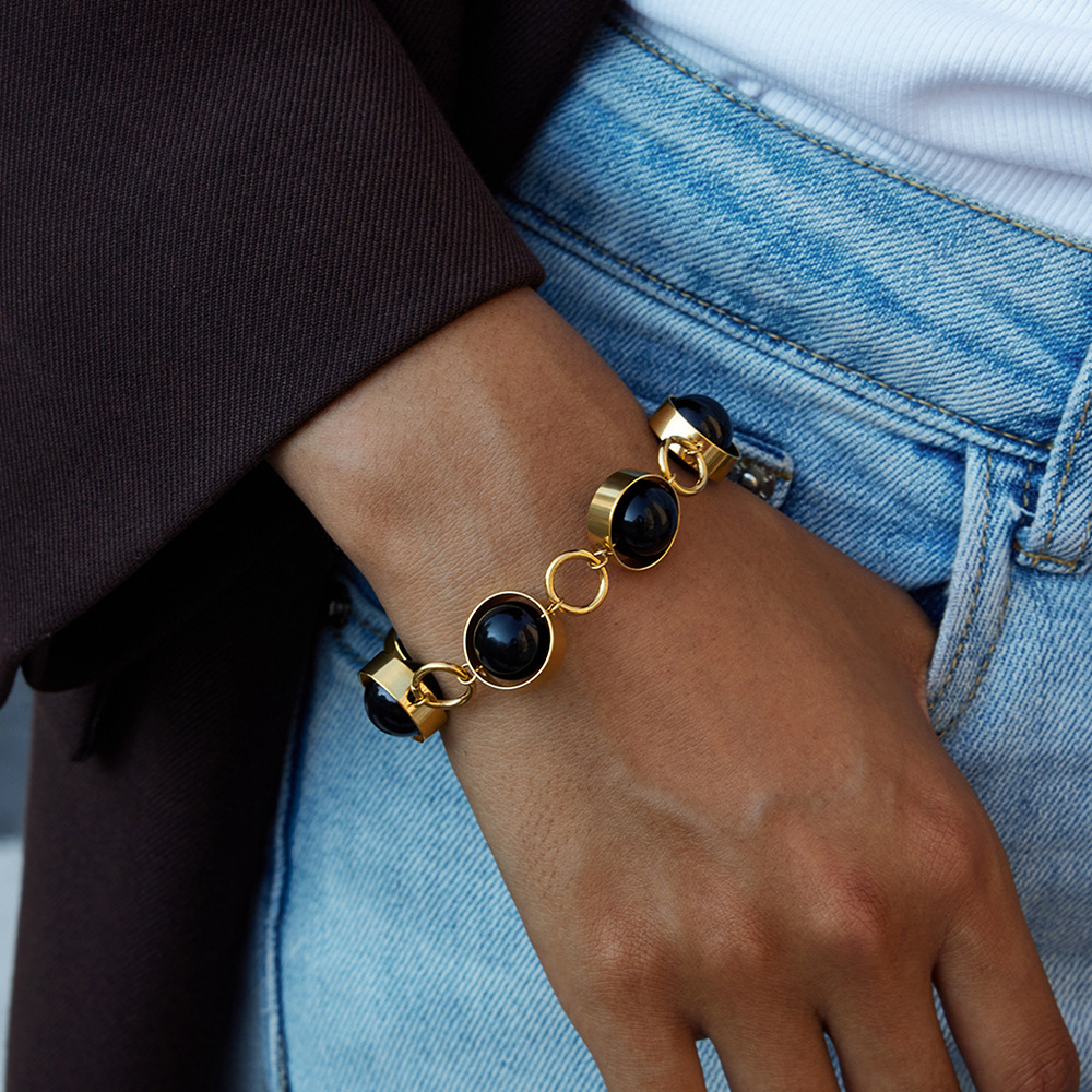 Bracelet Pour Femme En Perles De Verre Noires, Acier Inoxydable, Couleur Or, Étanche. Image3