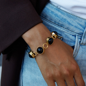 Bracelet Pour Femme En Perles De Verre Noires, Acier Inoxydable, Couleur Or, Étanche. h5 Image3