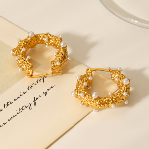 1 Paire De Boucles D'Oreilles Créoles Pour Femme, En Acier Inoxydable Imperméable, Couleur Or, Forme Irrégulière, Ornées De Perles. h5 Image4