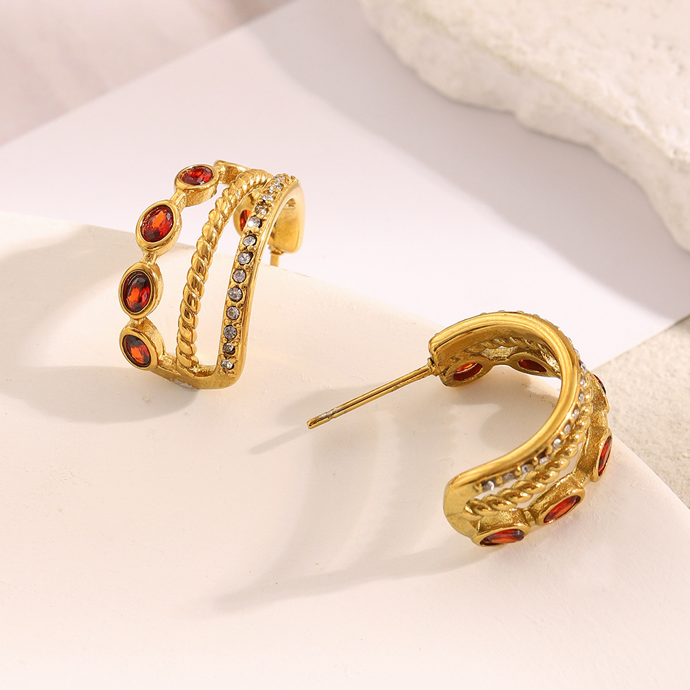 1 Paire De Boucles D'Oreilles Créoles Classiques Pour Femme, En Acier Inoxydable Étanche, Couleur Or, Avec Zircon Rouge Image4