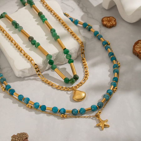 Collier en acier inoxydable étanche couleur or avec perles de pierre naturelle (1 pièce)