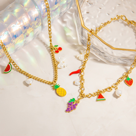Collier pendentif femme romantique et décontracté en acier inoxydable, couleur or, motif fruit. 2