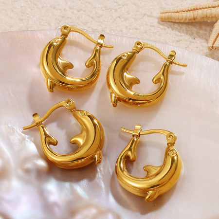 1 paire de boucles d'oreilles créoles dauphin en acier inoxydable étanche couleur or