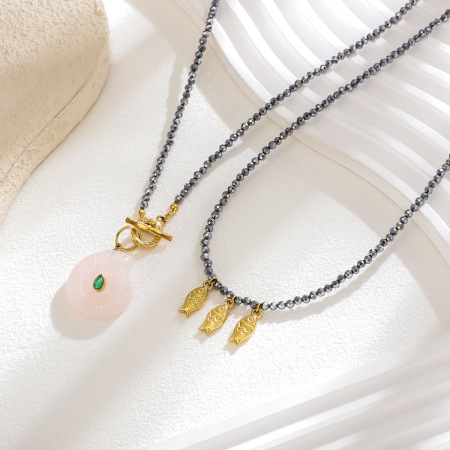 Collier de perles pour femme en acier inoxydable doré, orné de coquillages et de pierres naturelles (1 pièce). 2