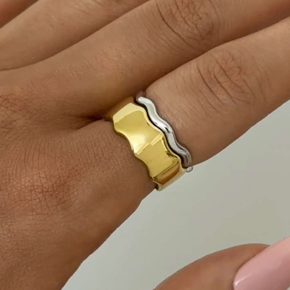 Bague Femme En Acier Inoxydable Doré, Imperméable, À Large Bord Et Motif Ondulé Image5