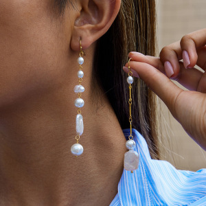 Boucles D'Oreilles Pendantes Élégantes Pour Femme, En Acier Inoxydable Doré, Imperméables, Ornées De Perles (1 Paire). h5 Image2
