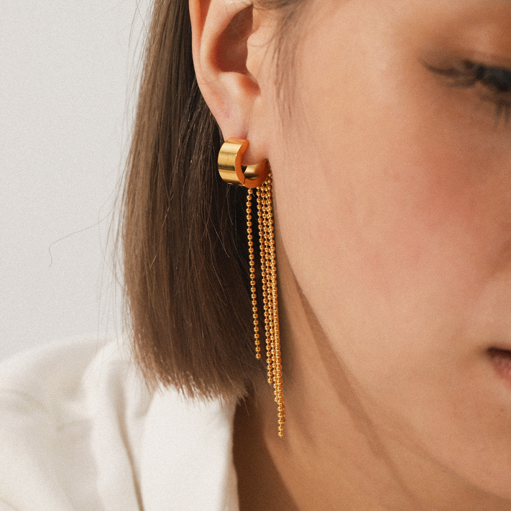 Boucles D'Oreilles Pendantes Pour Femme, Simples Et Élégantes, En Acier Inoxydable Doré, Imperméables, Avec Pompon (1 Paire). Image4