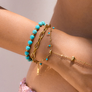 Ensemble De 1 Bracelet Pour Femme En Acier Inoxydable Étanche, Composé De Perles En Pierre Naturelle Double Couche. h5 Image4