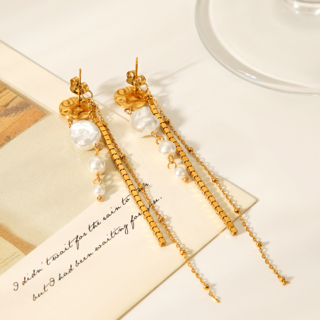 Boucles d'oreilles simples à pompons pour femmes, en acier inoxydable imperméable, couleur or, avec perles (1 paire). 2
