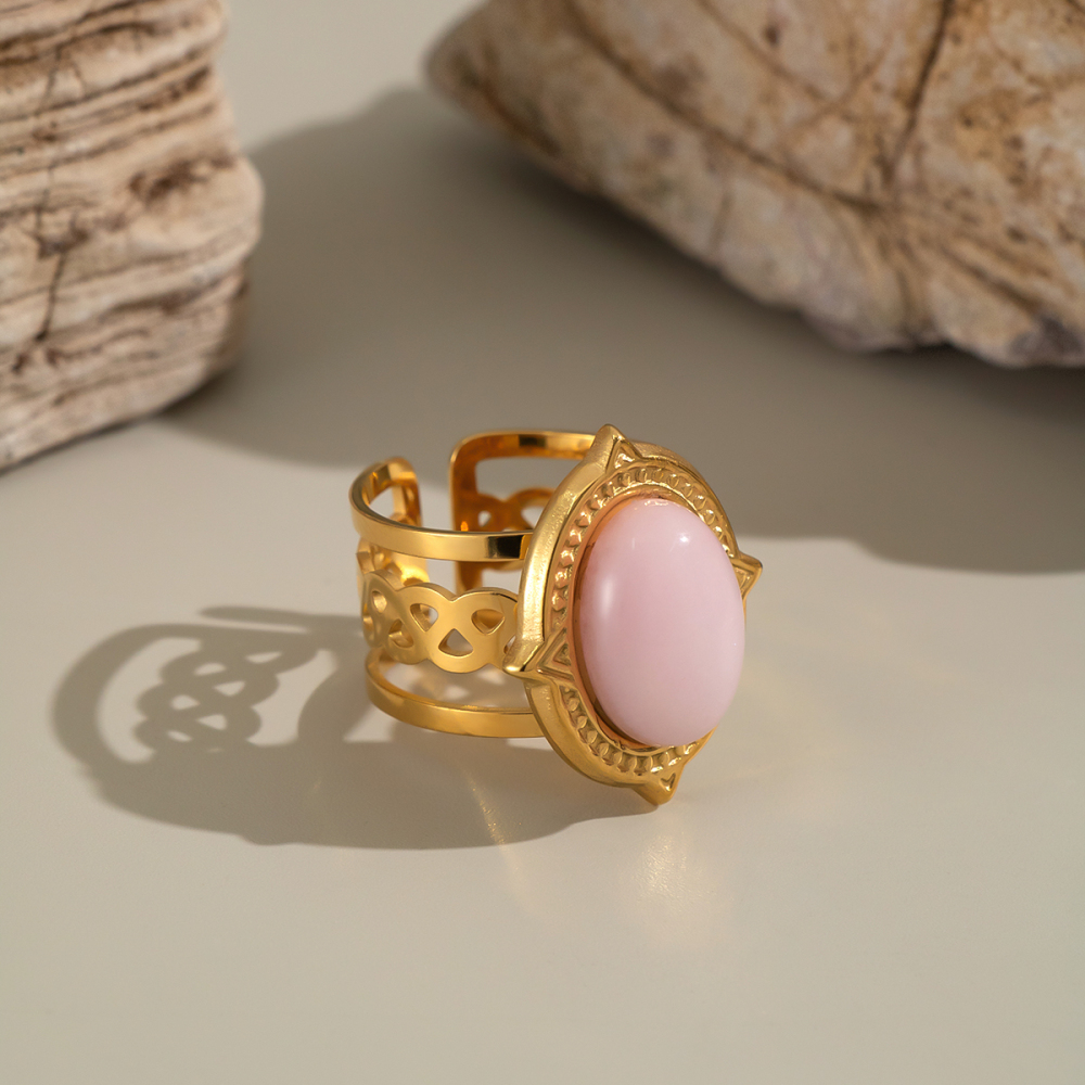 Bague Pour Femme En Acier Inoxydable Doré, Style Rétro, Avec Lignes Ovales Et Pierre Naturelle. Image4