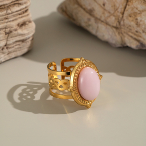 Bague Pour Femme En Acier Inoxydable Doré, Style Rétro, Avec Lignes Ovales Et Pierre Naturelle. h5 Image4