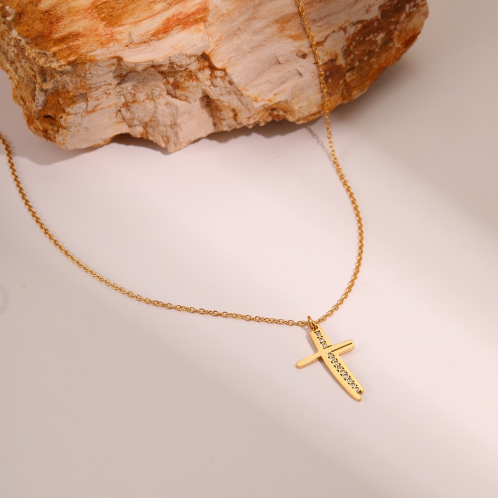 Collier Pendentif Croix Simple En Acier Inoxydable Étanche Pour Femme (1 Pièce) h5Image3