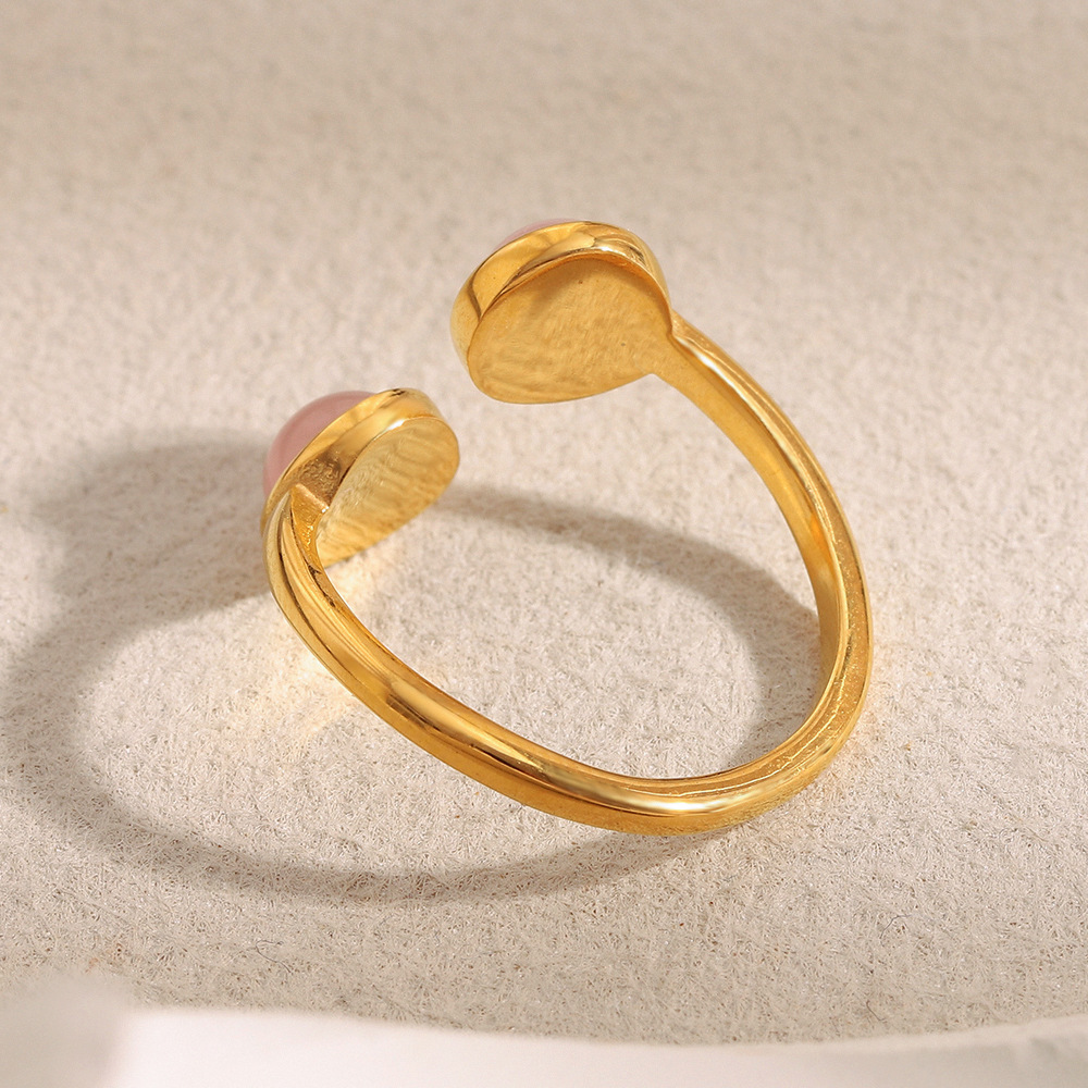Bague Classique Ronde Pour Femme En Acier Inoxydable, Étanche, Couleur Or, Avec Pierre Naturelle (1 Pièce). Image5