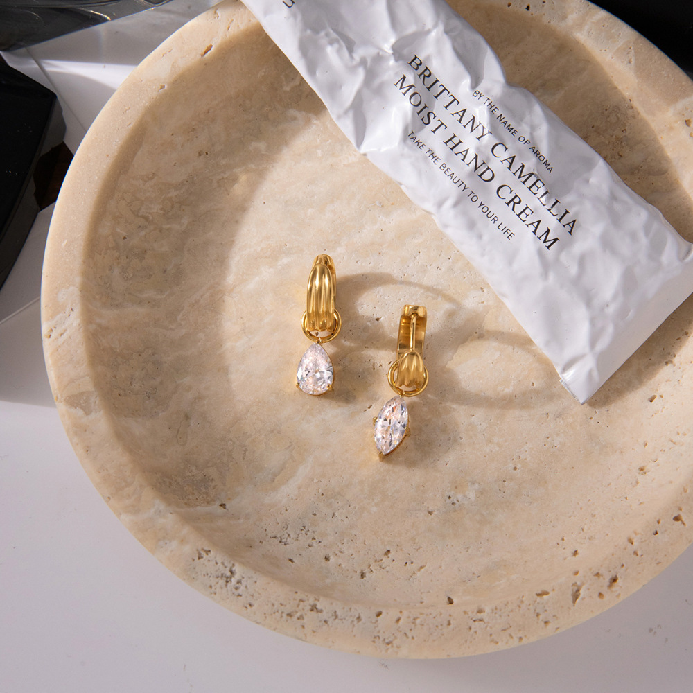 Boucles D'Oreilles Pendantes Luxueuses Pour Femme, En Acier Inoxydable Doré Étanche, Ornées De Zircon, Avec Une Paire De Pierres Précieuses. h5Image7