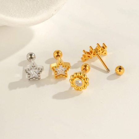 Boucle d'oreille piercing en forme de cœur, étoile, cuivre, or et zircon 2