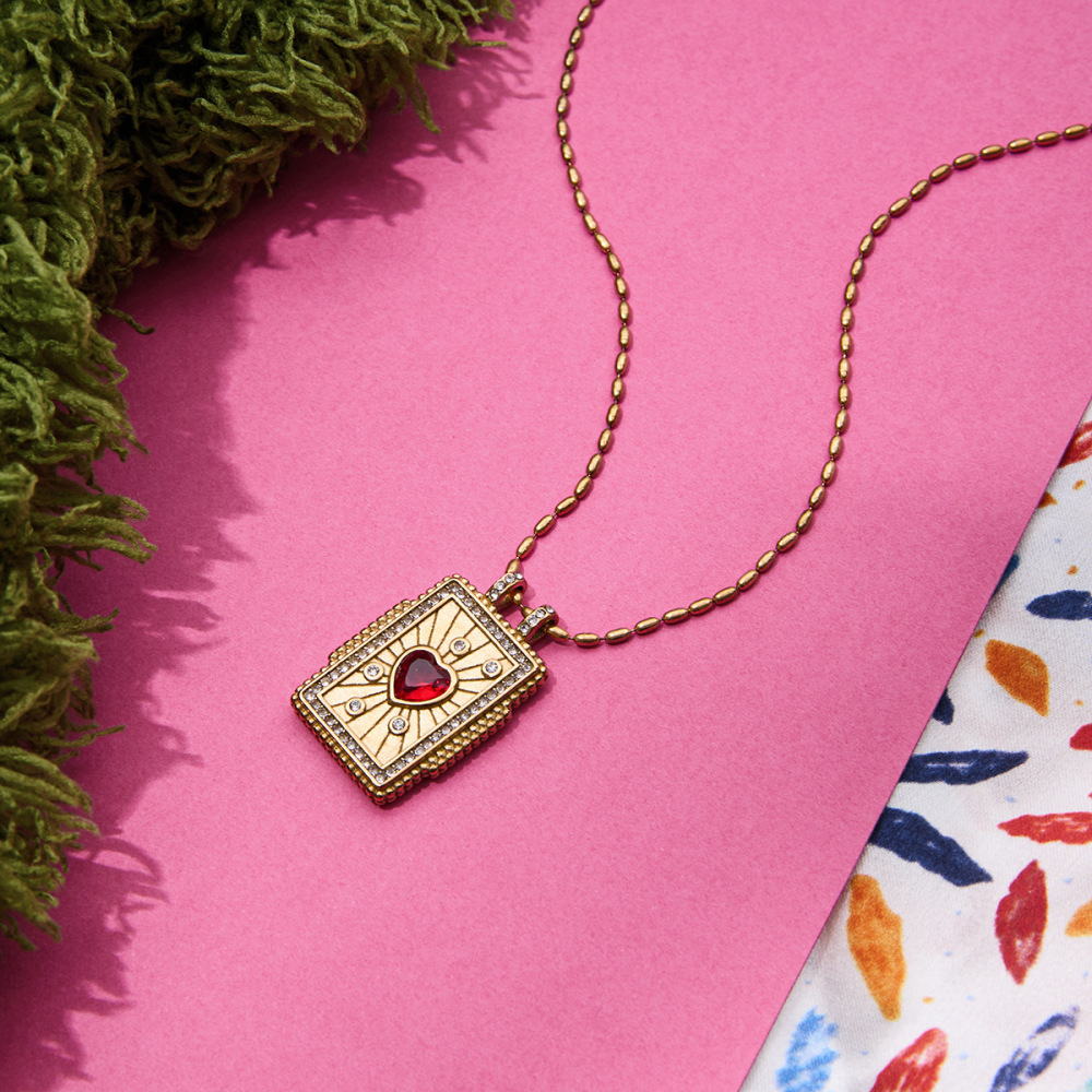 Collier Pendentif Femme Classique En Forme De Cœur, Motif Tarot, En Acier Inoxydable Étanche Couleur Or (1 Pièce) Image7