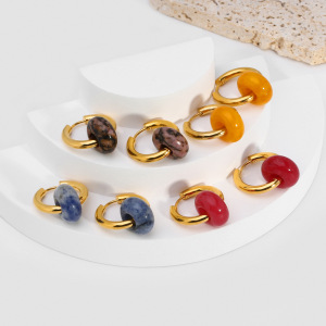 1 Paire De Boucles D'Oreilles Pendantes Vintage Rondes En Acier Inoxydable Doré Étanche Avec Pierre Naturelle Pour Femme h5 Image3