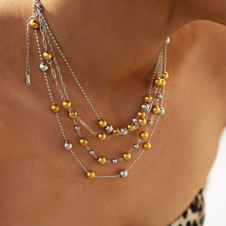 Collier de perles pour femme, simple, en acier inoxydable imperméable, couleurs or et argent mélangés (1 pièce)
