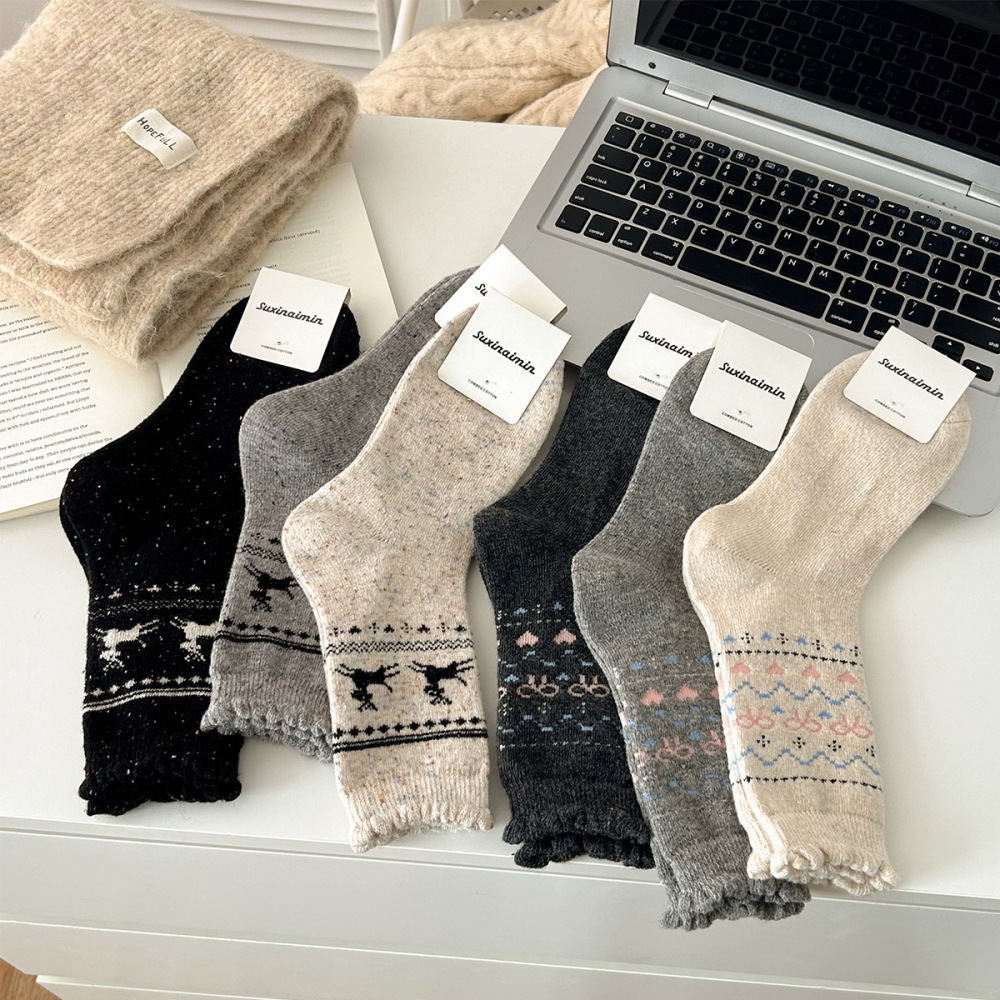 1 Paire De Chaussettes Mi-Mollet En Laine Épaisse À Motif De Noël Et D'Élan Pour Femme Image3