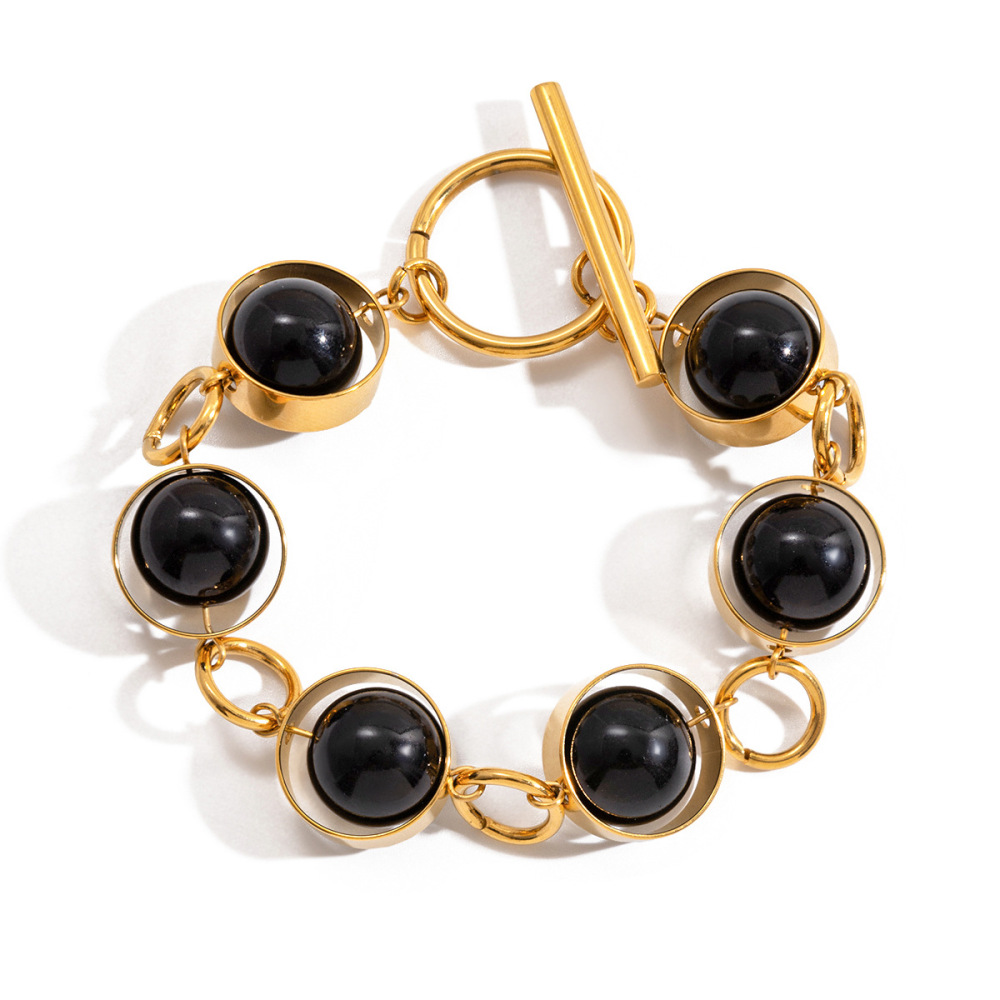 Bracelet Pour Femme En Perles De Verre Noires, Acier Inoxydable, Couleur Or, Étanche. 
