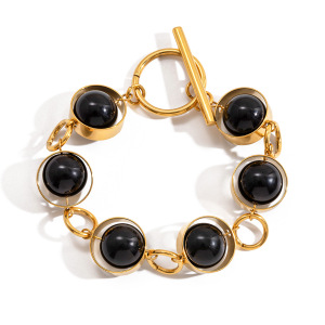 Bracelet Pour Femme En Perles De Verre Noires, Acier Inoxydable, Couleur Or, Étanche. h5 