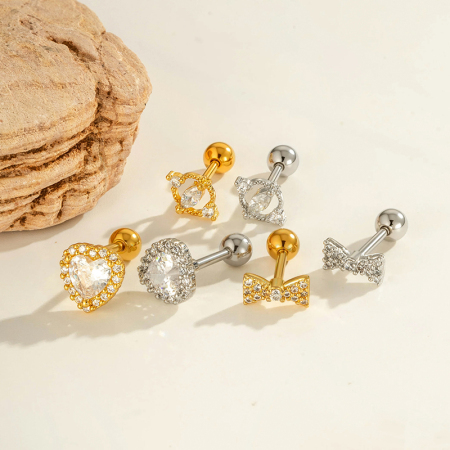 Boucle d'oreille piercing en forme de cœur, nœud papillon, cuivre, couleur or et zircon
