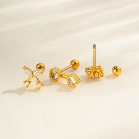 Boucle d'oreille piercing en forme de cœur, nœud papillon, cuivre, couleur or et zircon 2