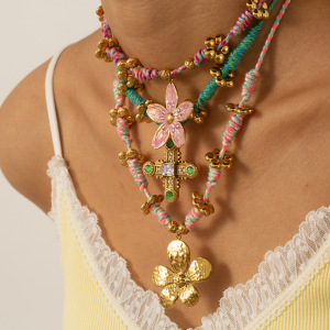 Collier Avec Pendentif En Acier Inoxydable Doré Pour Femme, 1 Pièce, Corde Tissée À La Main, Motif Floral h5 Image4