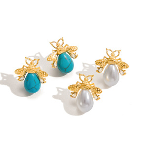 1 Paire De Boucles D'Oreilles Puces Chics En Acier Inoxydable Doré, Imperméables, Avec Pierre Naturelle Et Zircon, Motif Insectes. h5 Image8