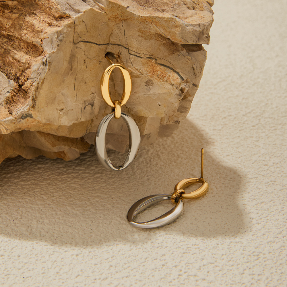 1 Paire De Boucles D'Oreilles Pendantes Classiques À Double Cercle En Acier Inoxydable Étanche Couleur Or Pour Femme h5Image3