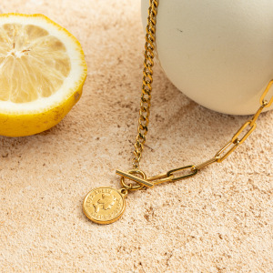 Collier Pendentif Femme En Acier Inoxydable, Couleur Or, Motif Simple, Étanche (1 Pièce) h5 Image7