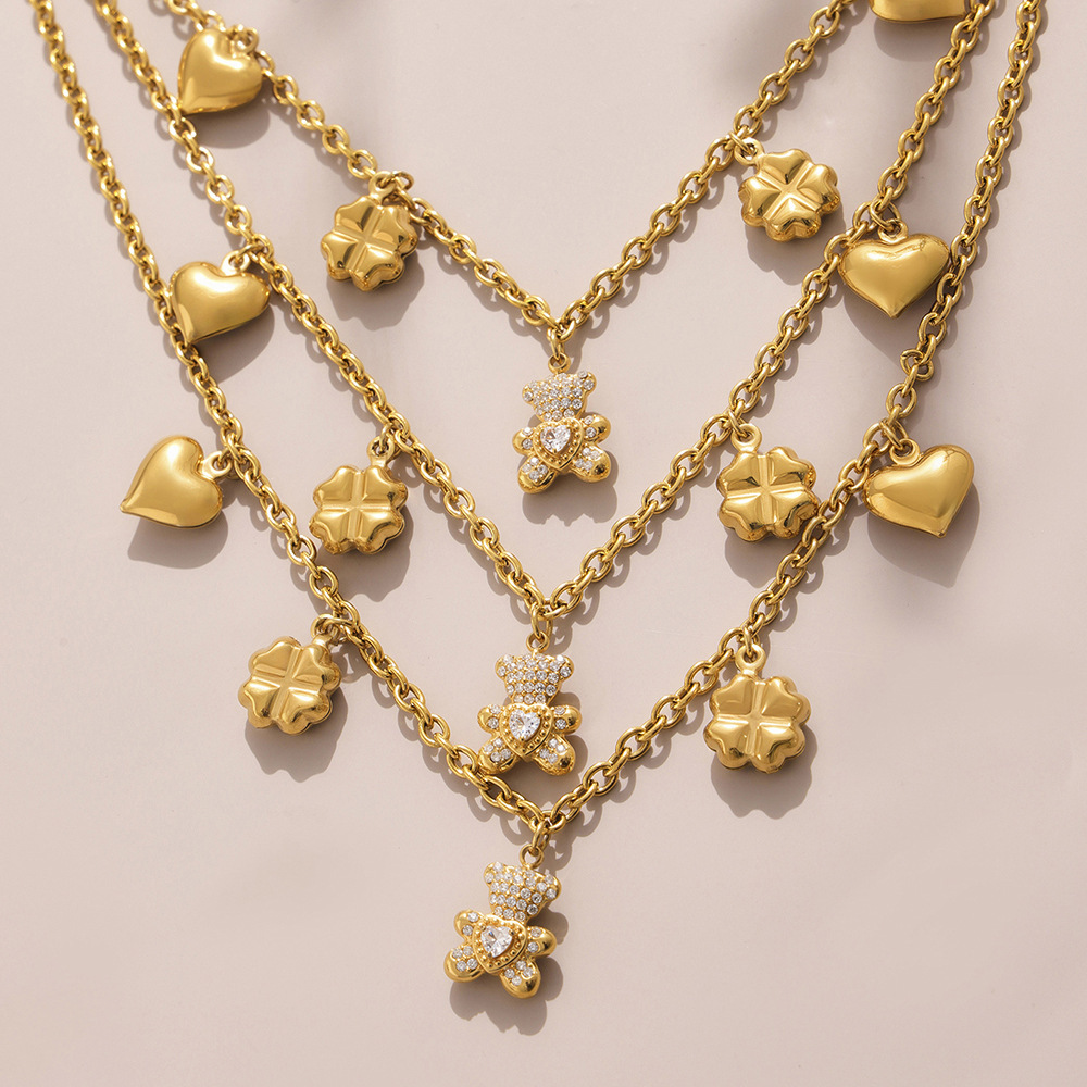Ensembles De Bijoux Pour Femmes En Acier Inoxydable Imperméable, Couleur Or, Avec Ours Mignon Et Trèfle h5Image3