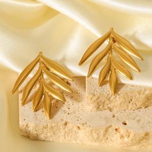 Boucles D'Oreilles Puces Pour Femme, En Acier Inoxydable Doré, Motif Feuille Simple, Imperméables, 1 Paire h5 Image8